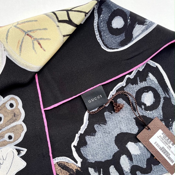 New Gucci Scarf Logo Kris Knight Butterfly Flora Black Silk Scarf - Picture 9 of 13
